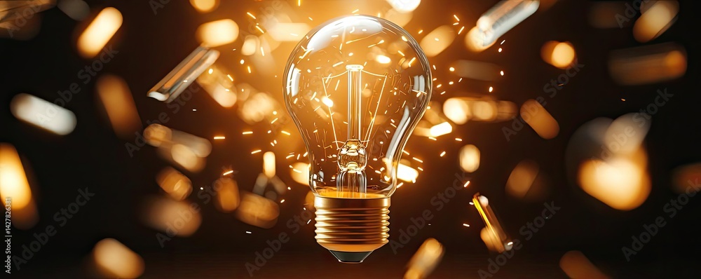 Poster Explosion of lightbulb with creative invention impact concept. Illuminating light bulb with sparks on a dark background.