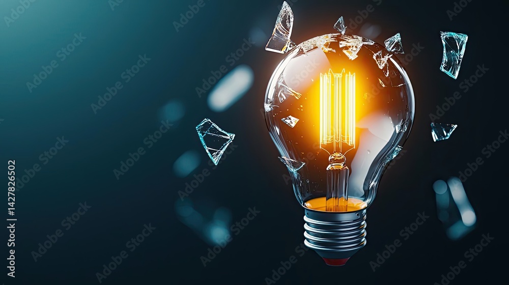 Poster explosion of lightbulb showing filament and invention concept. a broken light bulb with glowing fila