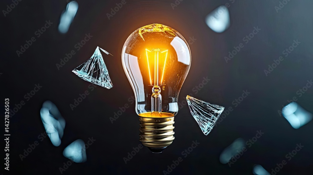 Poster Explosion of lightbulb showing filament and invention concept. Illuminating light bulb with fragments, symbolizing innovation.