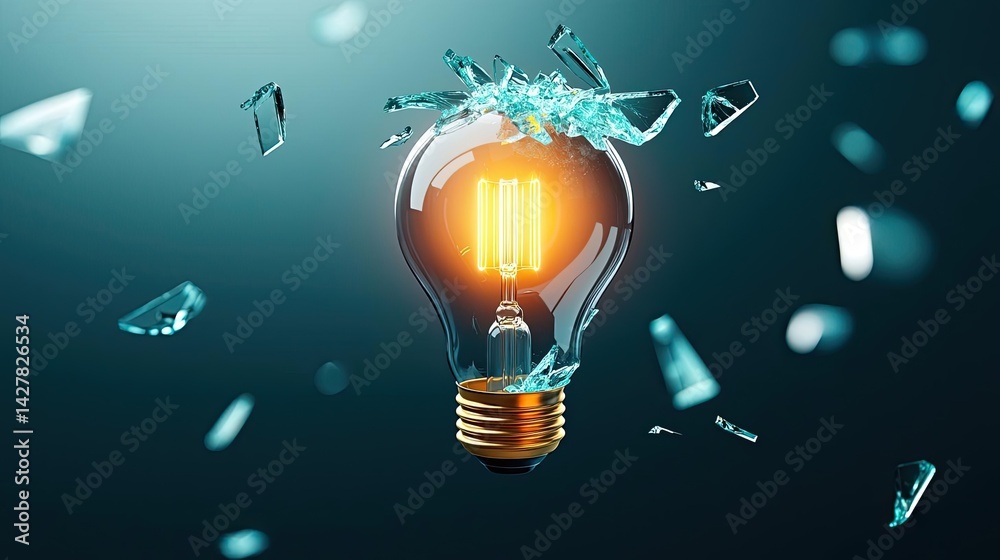 Aufkleber explosion of lightbulb showing filament and invention concept. a glowing light bulb surrounded by sh