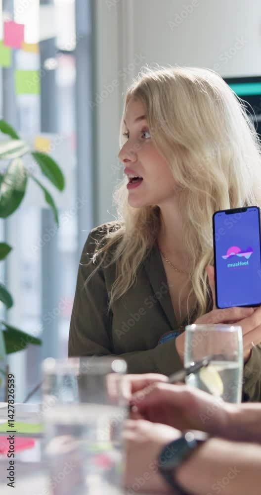 Poster explain, meeting and phone screen with business woman in office for pitch or presentation. app devel