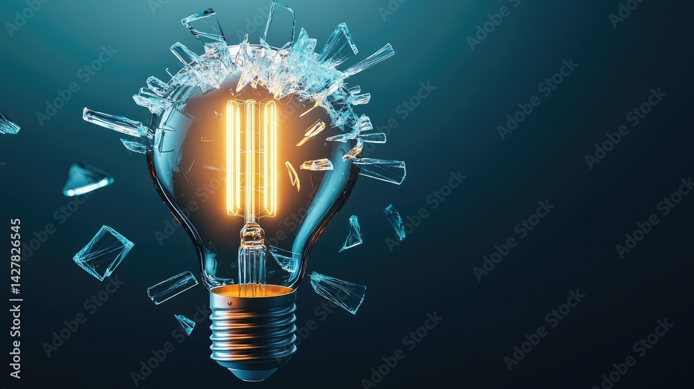 Poster explosion of lightbulb showing filament and invention concept. a cracked light bulb with glowing fil