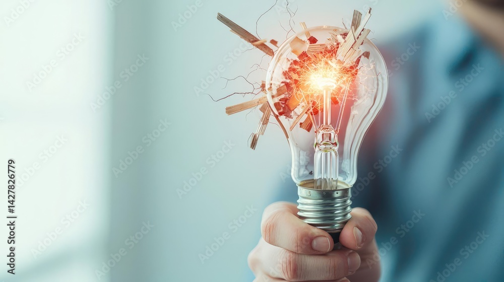 Poster explosion of lightbulb in electric high-speed burst concept. illuminated light bulb showing sparks o