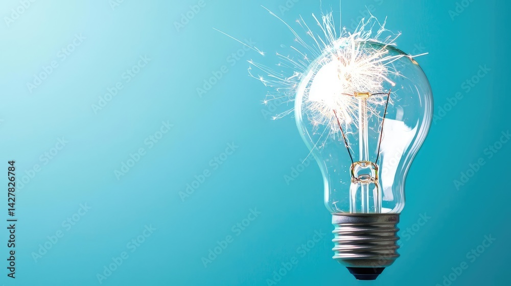 Poster explosion of lightbulb in electric high-speed burst concept. glowing light bulb emits sparks against