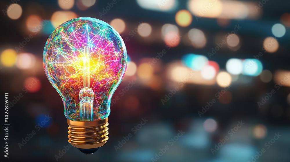 Poster explosion of lightbulb with creative invention impact concept. a vibrant light bulb glowing with col