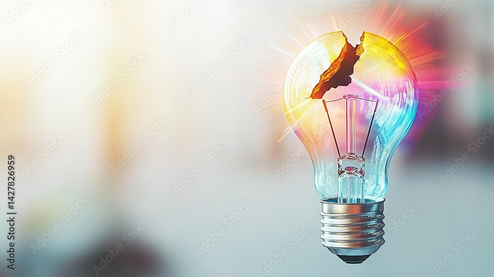 Poster explosion of lightbulb with creative invention impact concept. creative light bulb with a broken des