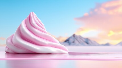 Swirling pink and white soft serve ice cream cone against a serene mountain backdrop at sunset