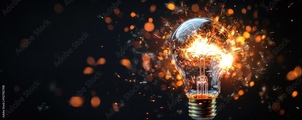 Poster explosion of lightbulb showing filament and invention concept. a light bulb bursts, illuminating the