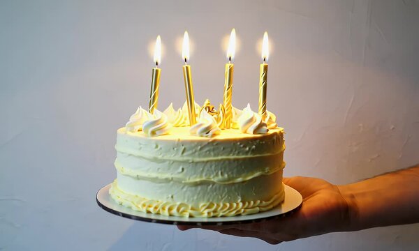 Yellow frosted cake with gold candles being held.