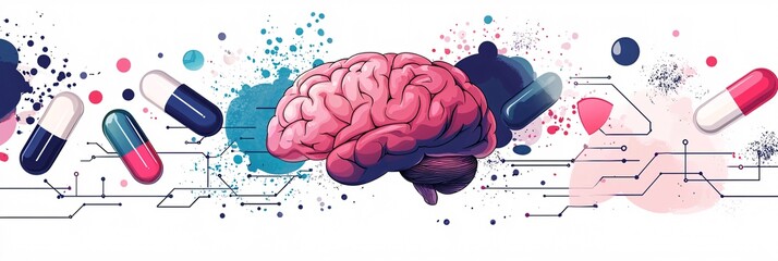 brain health and medicine research concept with pills and digital graphics