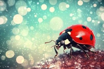 Vibrant ladybug amidst bokeh background.