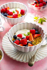 Yougurt bowl with granola and berries healthy protein breakfast