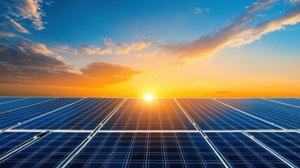 Vibrant sunset over solar panel field, showcasing renewable energy and sustainability.