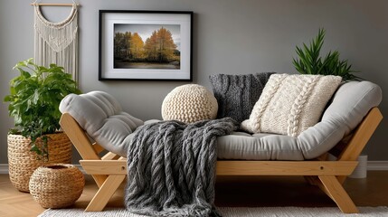 Cozy natural interior mockup featuring macrame artistry and vibrant greenery in a serene living space