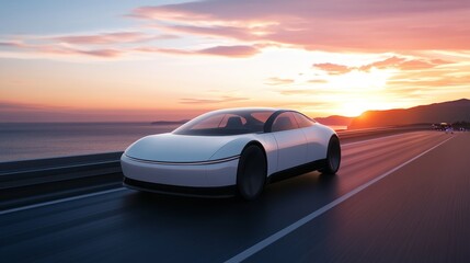 Sleek electric car showcased on coastal highway at sunset, highlighting advanced design and features