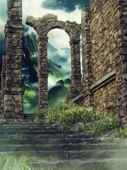 Old fantasy ruins of a gate on top of stone stairs, with a green mountaineous landscape behind it. Made from 3d resources and painted elements. No AI used. 