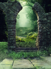 Old ruined stone gothic gate with a foggy green meadow and trees behind it. Made from 3d resources and painted elements. No AI used. 