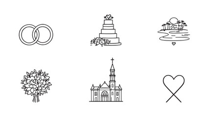 Wedding Destination Icons line art illustration elegant travel wedding symbols