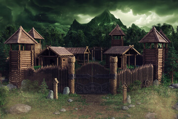 Old medieval settlement with wooden houses and fence, located in a forest among trees, with mountains in the background. Made from 3d resources and painted elements. No AI used. 