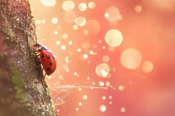 Ladybug ascends a tree trunk bathed in warm sunlight.