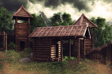 Old medieval wooden shed in a fantasy village, with a tower in the back and wooden fence. Made from 3d resources and painted elements. No AI used. 