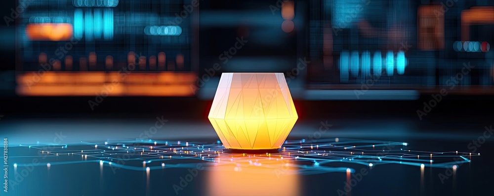 Poster Polygon lightbulb featuring lamp and network concept. Futuristic light source illuminating a modern digital environment.