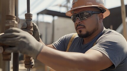 Construction Worker Adjusting a Pipe