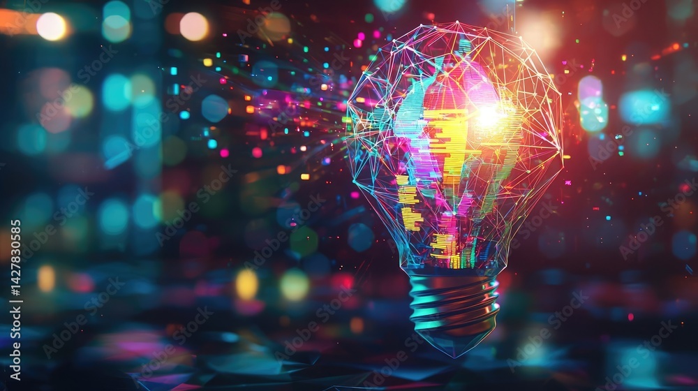 Poster polygon lightbulb with innovation and exchange concept. a vibrant light bulb symbolizing innovative 