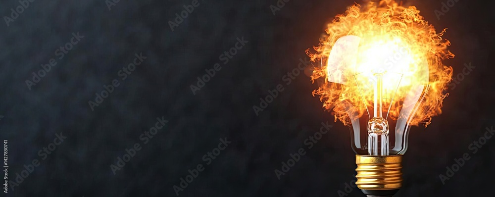 Poster explosion of lightbulb showing filament and invention concept. a glowing light bulb emitting bright 