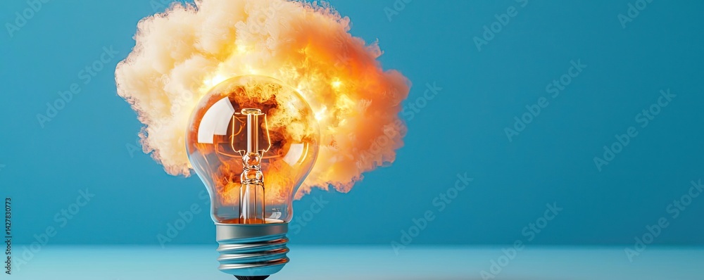 Poster explosion of lightbulb showing filament and invention concept. a glowing light bulb emitting cloud-l
