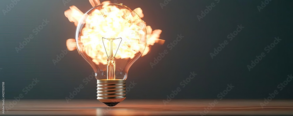 Poster explosion of lightbulb showing filament and invention concept. illuminated light bulb with sparks, s