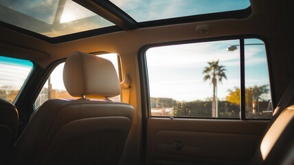 Golden light streams through the sunroof of a vehicle during the daytime