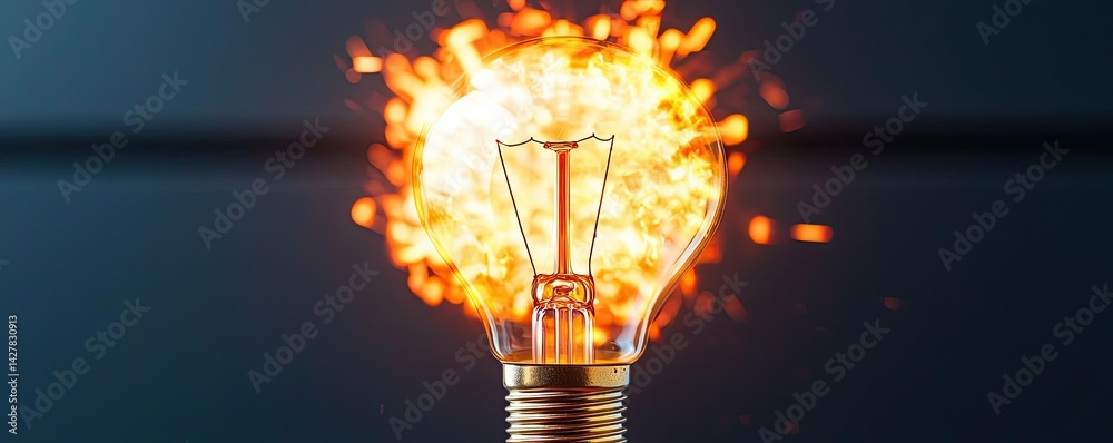 Aufkleber explosion of lightbulb showing filament and invention concept. a light bulb ignites with flames symb