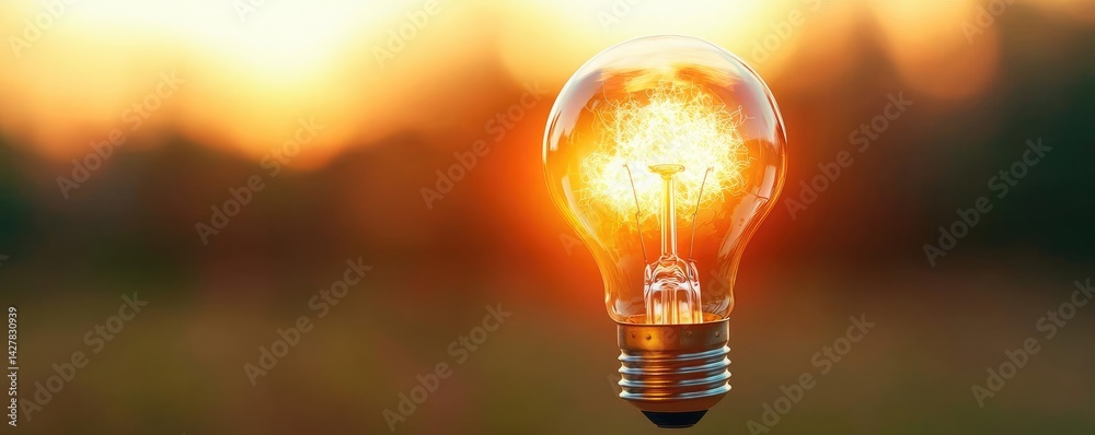 Poster Explosion of lightbulb showing filament and invention concept. A glowing light bulb against a vibrant sunset background.