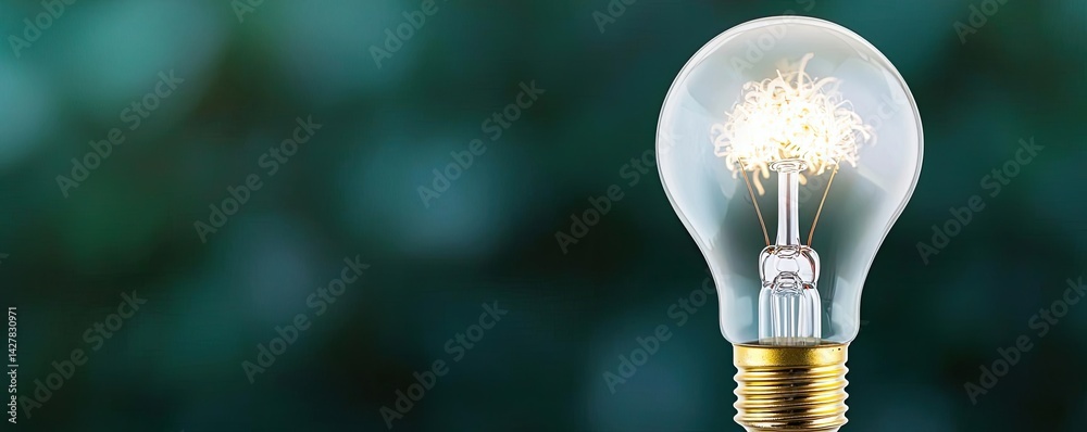 Poster Explosion of lightbulb showing filament and invention concept. A glowing light bulb on a blurred background, symbolizing ideas.
