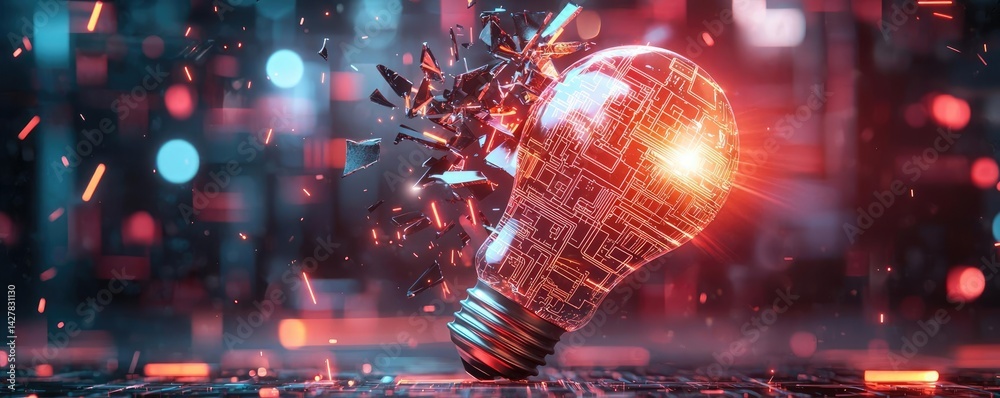 Poster Explosion of lightbulb with creative invention impact concept. A high-tech light bulb bursting with digital sparks and energy.