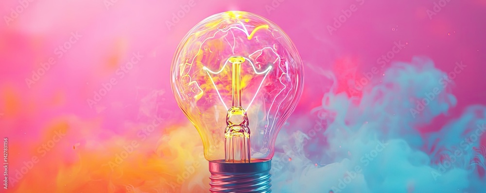 Poster explosion of lightbulb with creative invention impact concept. a light bulb glowing in colorful smok