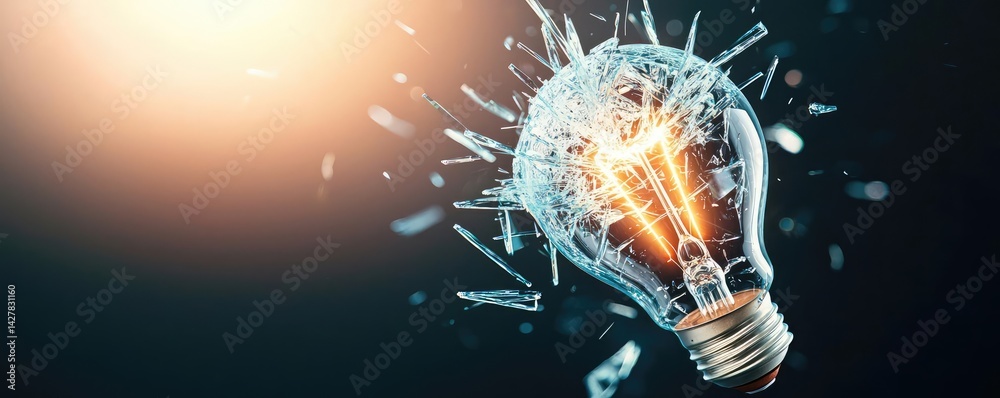 Poster Explosion of lightbulb showing filament and invention concept. An exploding light bulb symbolizes innovation and creativity.