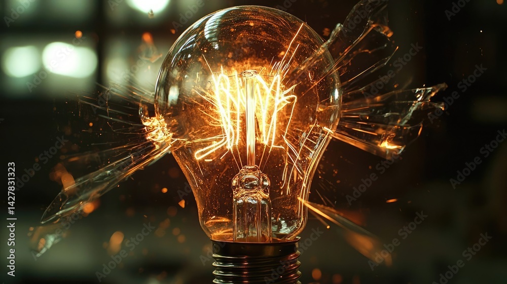 Poster explosion of lightbulb in electric high-speed burst concept. a shattered light bulb revealing glowin