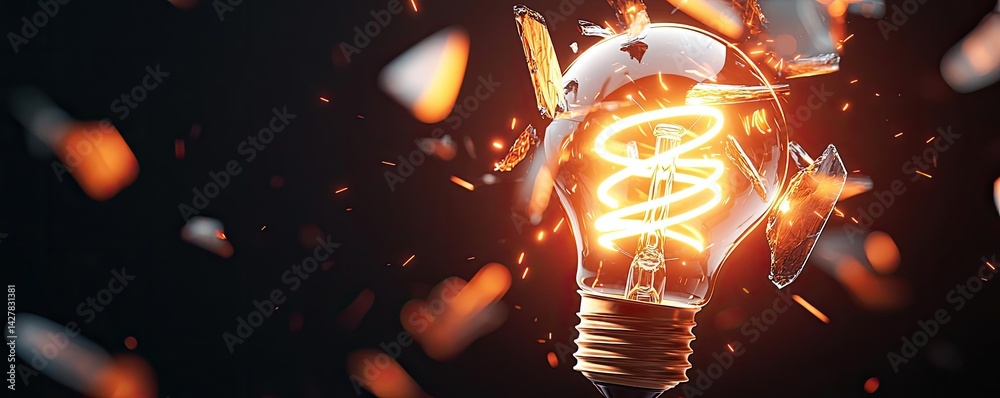 Poster Explosion of lightbulb showing filament and invention concept. Illuminating shattered light bulb emits vibrant energy and sparks.