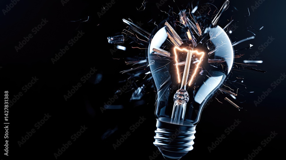 Poster Explosion of lightbulb in electric high-speed burst concept. A shattered light bulb with glowing filament on a dark background.