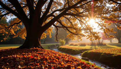 majestic tree with vibrant autumn leaves stands beside serene stream, illuminated by warm glow of sun. ground is covered in colorful foliage, creating picturesque scene of nature beauty