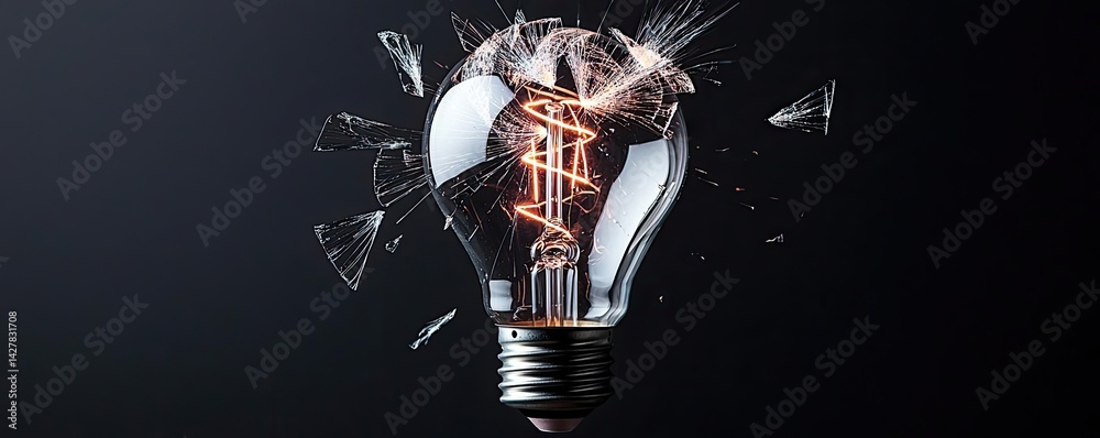 Poster explosion of lightbulb showing filament and invention concept. a shattered lightbulb with a glowing 