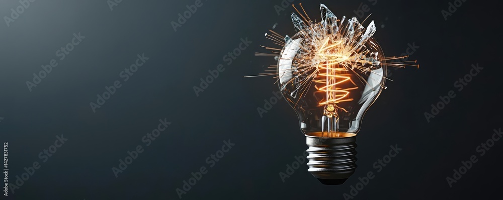 Poster explosion of lightbulb showing filament and invention concept. illuminated light bulb with electric 