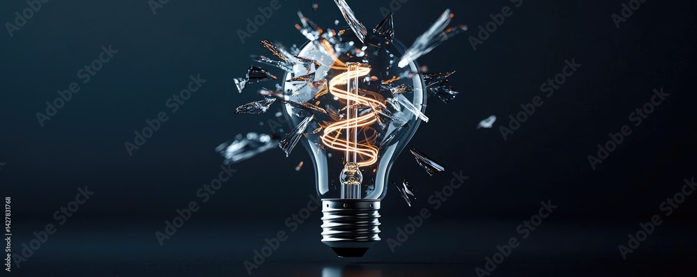 Poster Explosion of lightbulb showing filament and invention concept. Shattered light bulb with glowing filament illuminating darkness.