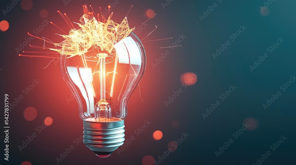 Poster explosion of lightbulb with creative invention impact concept. a glowing light bulb with creative sp