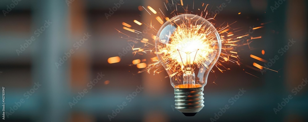 Poster explosion of lightbulb with creative invention impact concept. bright light bulb with sparks illumin