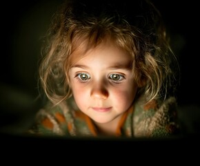 A small girl looks downward in dim light.