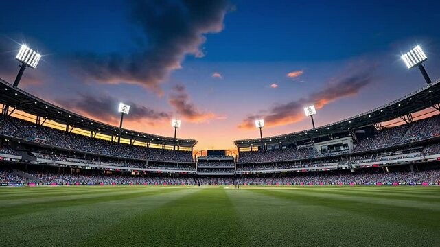 Stadium Dusk: A wide shot captures a magnificent cricket stadium bathed in the warm, golden hues of dusk.