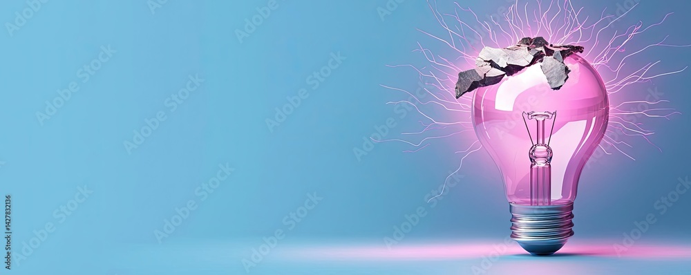 Poster explosion of lightbulb with creative invention impact concept. a creative light bulb with pink glow 